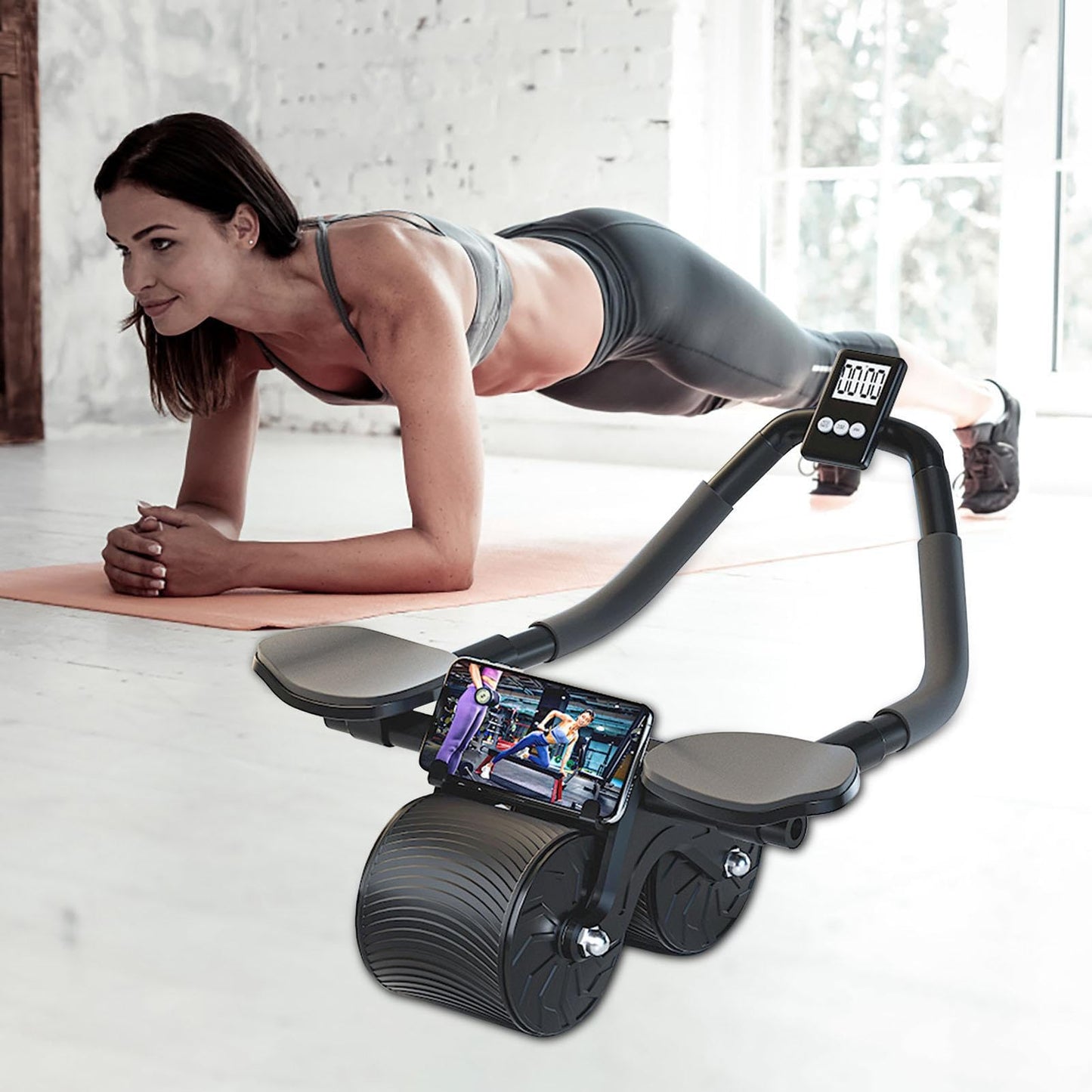 Rodillo abdominal con apoyabrazos, cronometro y alfombrilla para rodillas